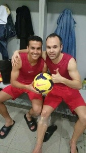 Pedro and hat-tick ball and Andrés Iniesta