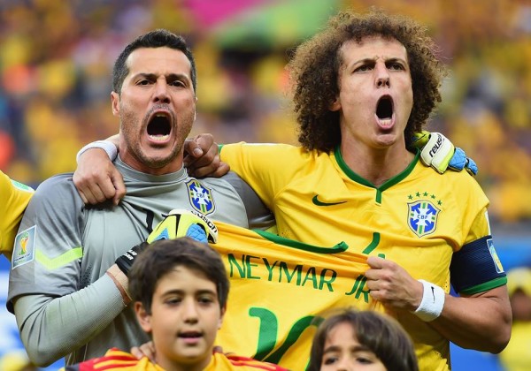 Julio Cesar and David Luiz holding Neymar's Jersey at the 2014 World Cup in Brazil