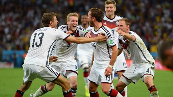 Germany celebrates the only goal at the 2014 World Cup final against Argentina