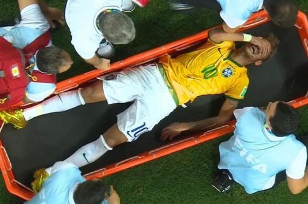 Neymar on a stretcher at the 2014 World Cup quarterfinals against Colombia